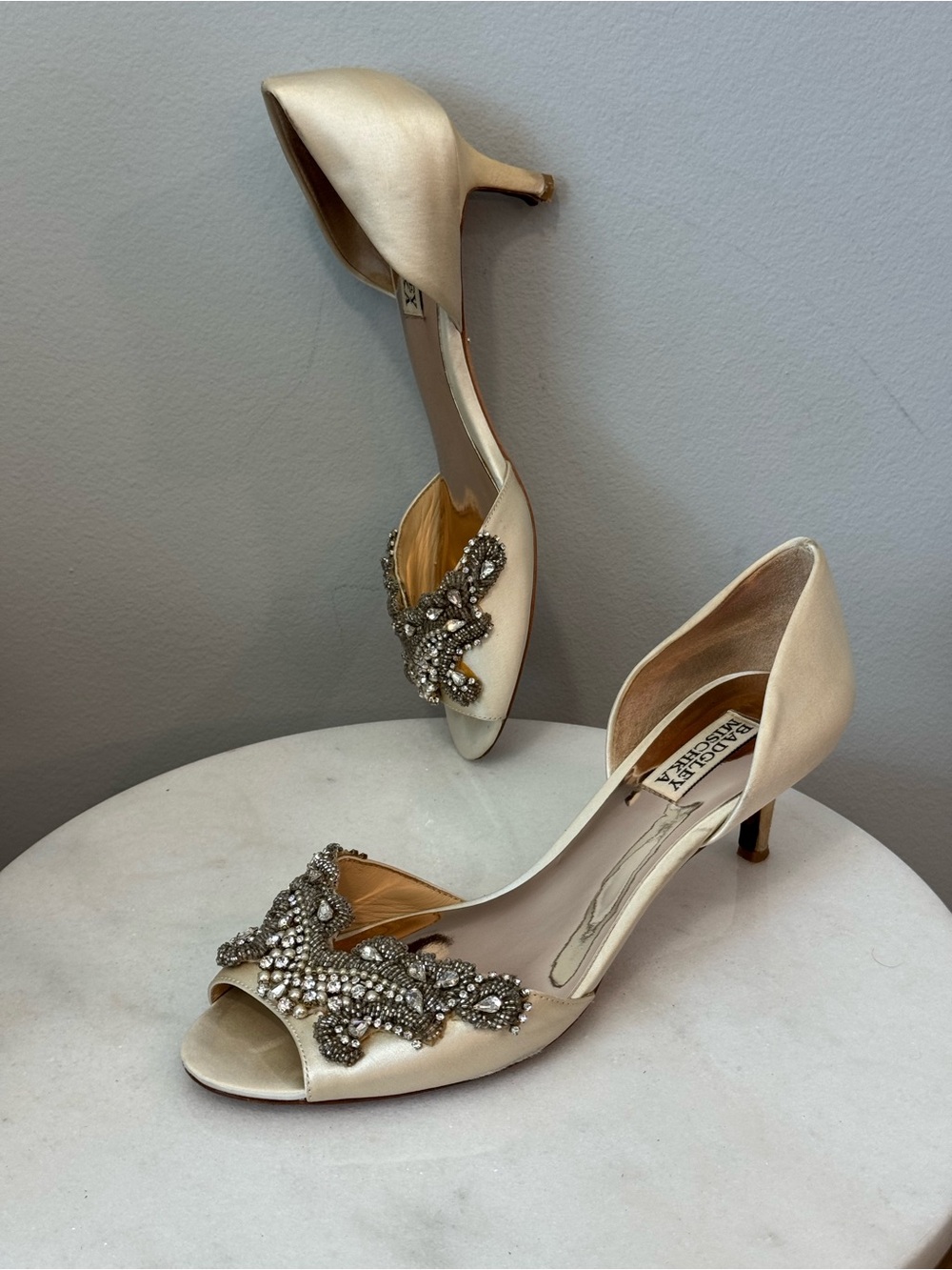 Badgley Mischka Champagne Satin Peep-Toe Heels with Crystal Embellishment
